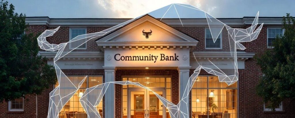 Illuminated bank facade featuring abstract bull art