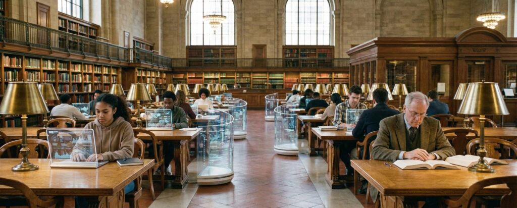People studying in a large library