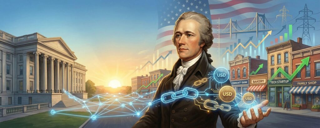 Man in historical attire with currency icons