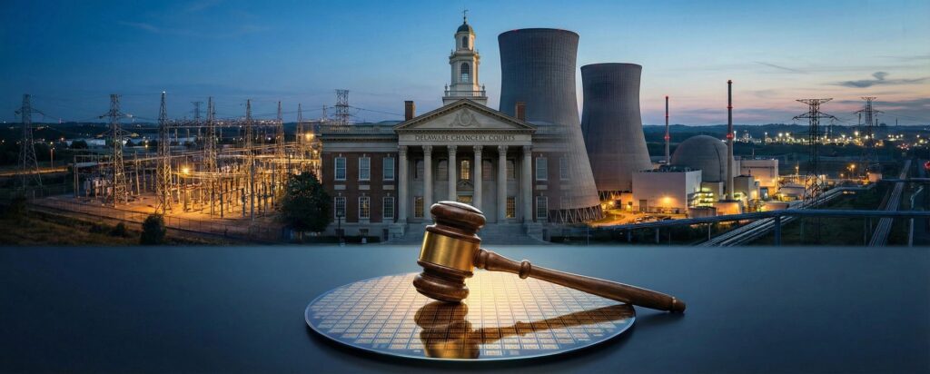 Gavel with power plant background