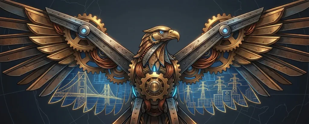 Mechanical eagle over cityscape blueprint